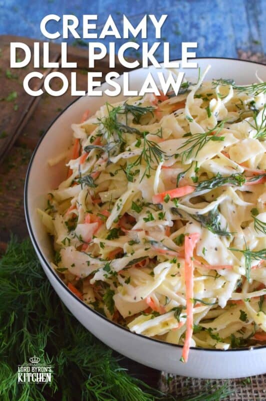 If you love dill, this Creamy Dill Pickle Coleslaw is for you! Slightly sweet and tangy, it is packed with lots of dill pickle flavour. In this recipe, there are three layers of dill flavour. There's lots of fresh dill, dill pickle juice, and finely chopped dill pickles. Is your mouth watering yet? #dillpickle #coleslaw #creamycoleslaw #pickles #salad