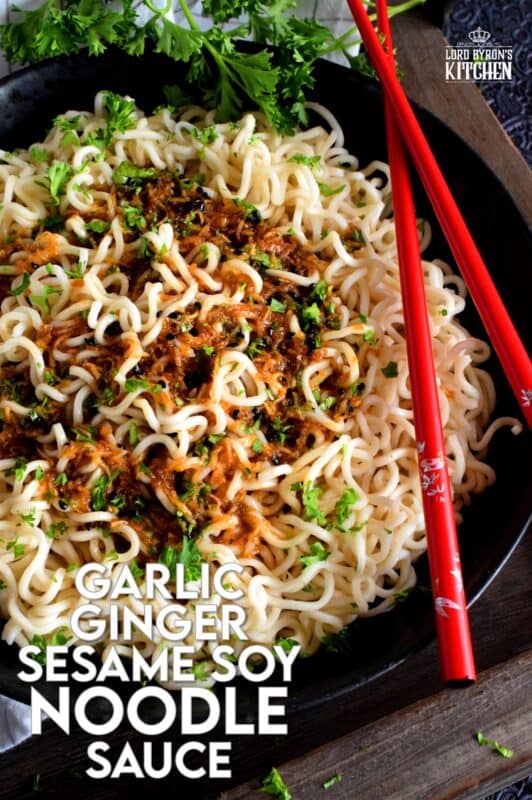 A complete dinner, from start to finish, in less than 15 minutes - yes, it's possible! Garlic Ginger Sesame Soy Noodle Sauce is all the proof you need! Replace those powder packets in your instant ramen with this easy sauce for a much tastier noodle experience! #ramen #noodles #ginger #garlic #sauce