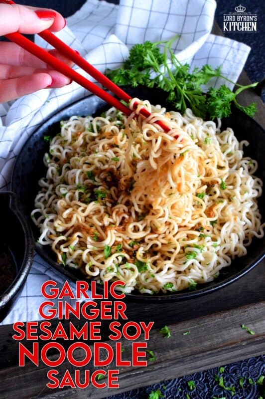 A complete dinner, from start to finish, in less than 15 minutes - yes, it's possible! Garlic Ginger Sesame Soy Noodle Sauce is all the proof you need! Replace those powder packets in your instant ramen with this easy sauce for a much tastier noodle experience! #ramen #noodles #ginger #garlic #sauce