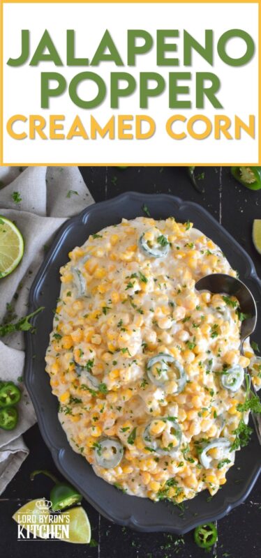 This delicious, rich, comforting side is prepared with fresh jalapenos, frozen corn, and cream cheese.  Jalapeno Popper Creamed Corn is not only quick and easy to prepare, but it is also an excellent topping for many of your favourite mains like tacos!  Super cream, super cheesy, and super tasty! #jalapeno #poppers #creamedcorn #sidedish
