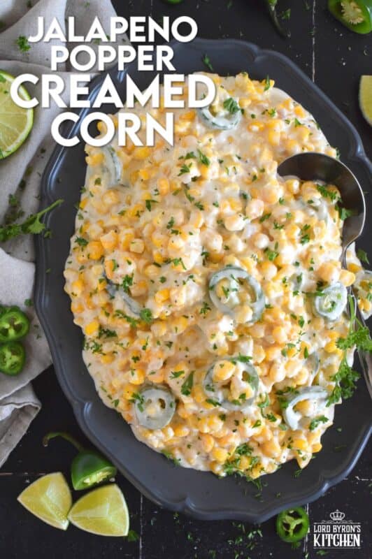 This delicious, rich, comforting side is prepared with fresh jalapenos, frozen corn, and cream cheese.  Jalapeno Popper Creamed Corn is not only quick and easy to prepare, but it is also an excellent topping for many of your favourite mains like tacos!  Super cream, super cheesy, and super tasty! #jalapeno #poppers #creamedcorn #sidedish