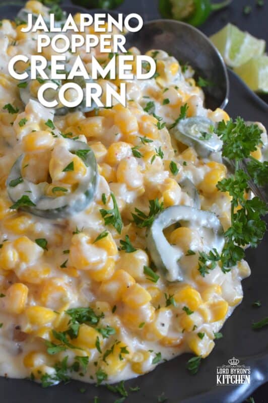 This delicious, rich, comforting side is prepared with fresh jalapenos, frozen corn, and cream cheese.  Jalapeno Popper Creamed Corn is not only quick and easy to prepare, but it is also an excellent topping for many of your favourite mains like tacos!  Super cream, super cheesy, and super tasty! #jalapeno #poppers #creamedcorn #sidedish