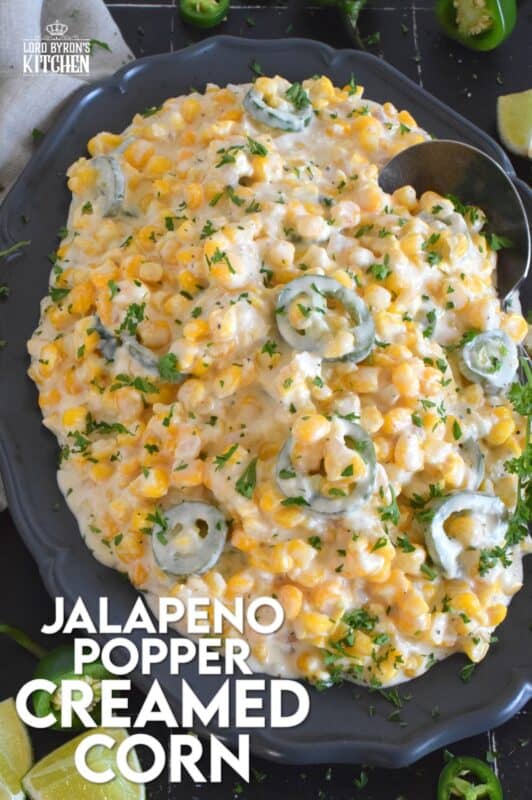 This delicious, rich, comforting side is prepared with fresh jalapenos, frozen corn, and cream cheese.  Jalapeno Popper Creamed Corn is not only quick and easy to prepare, but it is also an excellent topping for many of your favourite mains like tacos!  Super cream, super cheesy, and super tasty! #jalapeno #poppers #creamedcorn #sidedish