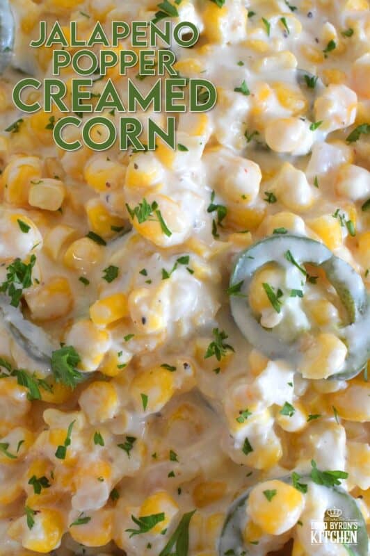 This delicious, rich, comforting side is prepared with fresh jalapenos, frozen corn, and cream cheese.  Jalapeno Popper Creamed Corn is not only quick and easy to prepare, but it is also an excellent topping for many of your favourite mains like tacos!  Super cream, super cheesy, and super tasty! #jalapeno #poppers #creamedcorn #sidedish