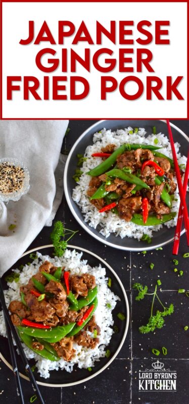 Marinate the pork ahead of time and prepare dinner in about ten minutes flat with this Japanese Ginger Fried Pork recipe.  Made with red bell peppers and snow peas, serve over steamed rice for a completely nutritious meal! #pork #japanese #asianfood #stirfry #ginger