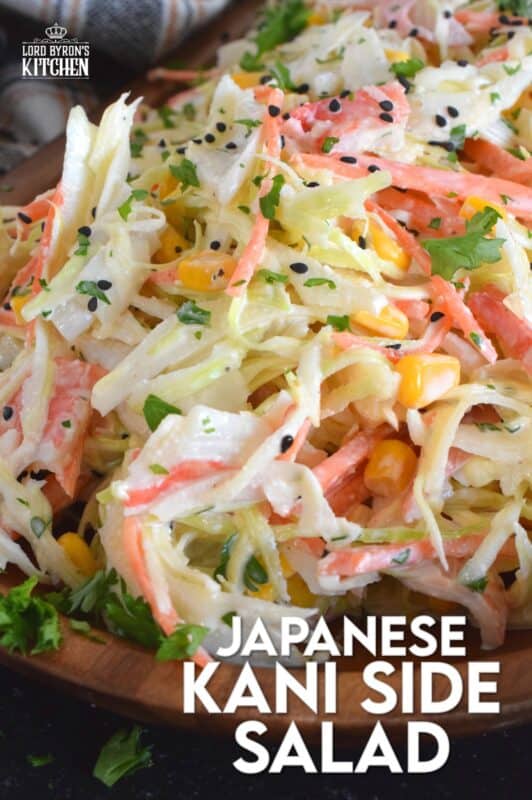 A popular side dish served with sushi, a Japanese Kani Side Salad is so delightfully refreshing, it should not be limited to just a sushi side! Prepared with imitation crab, shredded cabbage, julienned carrots and corn in a creamy and zesty sauce, this salad is wonderfully easy and exceptionally delicious! #kani #salad #japanese #crab