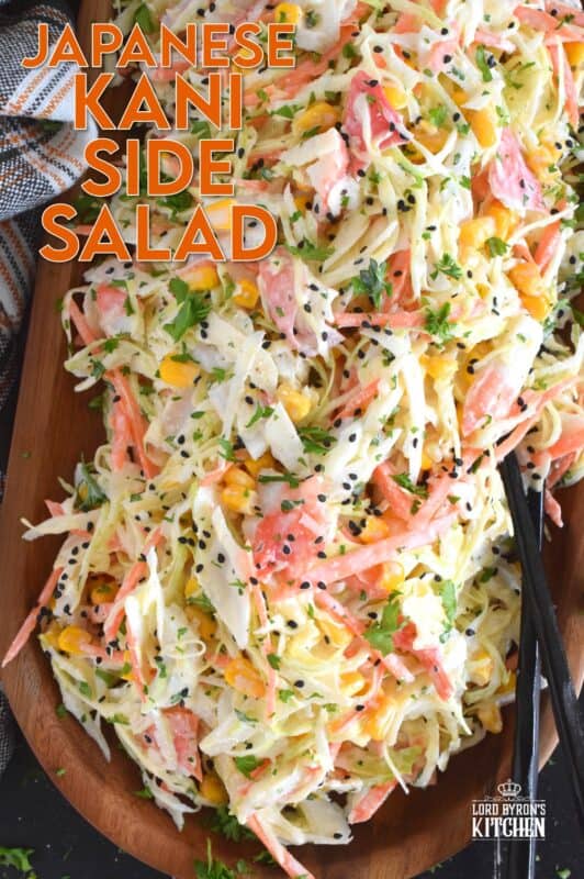 A popular side dish served with sushi, a Japanese Kani Side Salad is so delightfully refreshing, it should not be limited to just a sushi side! Prepared with imitation crab, shredded cabbage, julienned carrots and corn in a creamy and zesty sauce, this salad is wonderfully easy and exceptionally delicious! #kani #salad #japanese #crab