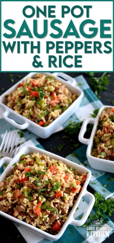 Weeknight dinners can't get any easier than this! Grains, protein, and veggies all together in this One Pot Sausage with Peppers and Rice. This dish has all the bases covered and with very little cleanup as well! Make extra because not only does it freeze well, it reheats quickly and easily too! #onepot #sausage #peppers #rice #familydinners