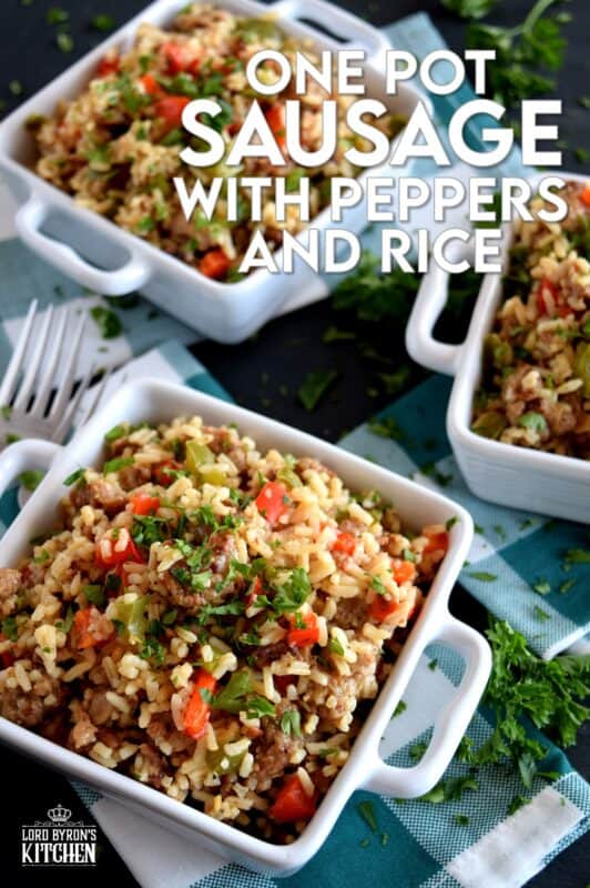 Weeknight dinners can't get any easier than this! Grains, protein, and veggies all together in this One Pot Sausage with Peppers and Rice. This dish has all the bases covered and with very little cleanup as well! Make extra because not only does it freeze well, it reheats quickly and easily too! #onepot #sausage #peppers #rice #familydinners