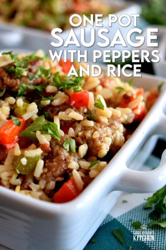 Weeknight dinners can't get any easier than this! Grains, protein, and veggies all together in this One Pot Sausage with Peppers and Rice. This dish has all the bases covered and with very little cleanup as well! Make extra because not only does it freeze well, it reheats quickly and easily too! #onepot #sausage #peppers #rice #familydinners
