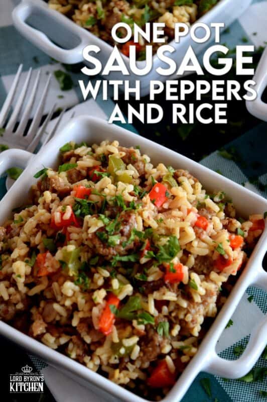 Weeknight dinners can't get any easier than this! Grains, protein, and veggies all together in this One Pot Sausage with Peppers and Rice. This dish has all the bases covered and with very little cleanup as well! Make extra because not only does it freeze well, it reheats quickly and easily too! #onepot #sausage #peppers #rice #familydinners