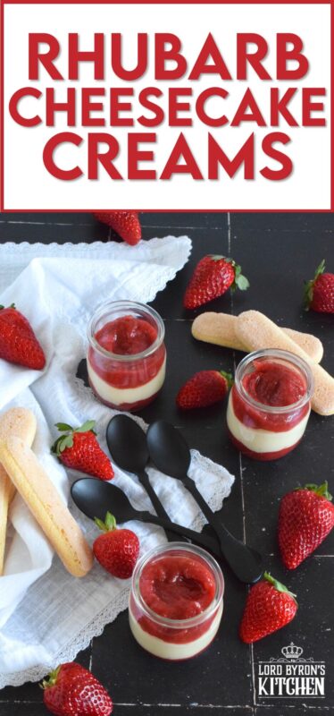 These little dessert cups are the perfect pairing of a sugary sweet cream cheese filling and a slightly tart and puckering rhubarb compote. Layered in individual serving glasses, these Rhubarb Cheesecake Creams are simply delicious and perfect for all of your summertime desserts! #rhubarb #cheesecake #dessert