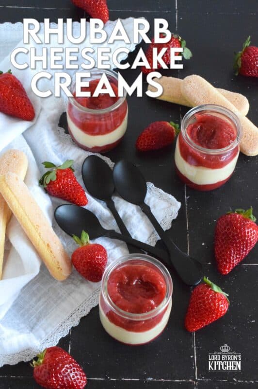 These little dessert cups are the perfect pairing of a sugary sweet cream cheese filling and a slightly tart and puckering rhubarb compote. Layered in individual serving glasses, these Rhubarb Cheesecake Creams are simply delicious and perfect for all of your summertime desserts! #rhubarb #cheesecake #dessert