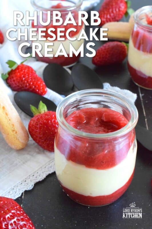 These little dessert cups are the perfect pairing of a sugary sweet cream cheese filling and a slightly tart and puckering rhubarb compote. Layered in individual serving glasses, these Rhubarb Cheesecake Creams are simply delicious and perfect for all of your summertime desserts! #rhubarb #cheesecake #dessert