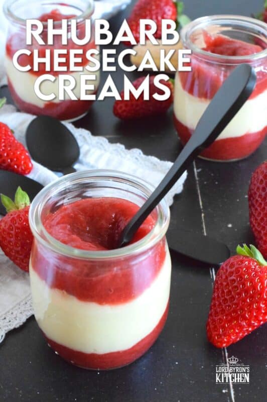 These little dessert cups are the perfect pairing of a sugary sweet cream cheese filling and a slightly tart and puckering rhubarb compote. Layered in individual serving glasses, these Rhubarb Cheesecake Creams are simply delicious and perfect for all of your summertime desserts! #rhubarb #cheesecake #dessert