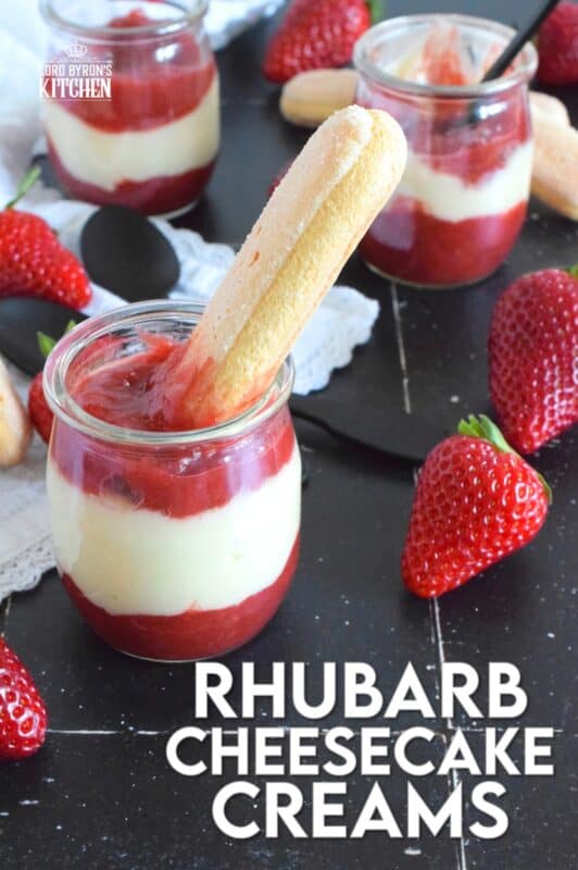 These little dessert cups are the perfect pairing of a sugary sweet cream cheese filling and a slightly tart and puckering rhubarb compote. Layered in individual serving glasses, these Rhubarb Cheesecake Creams are simply delicious and perfect for all of your summertime desserts! #rhubarb #cheesecake #dessert
