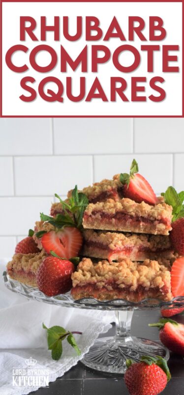 Homemade sweet and tart compote is sandwiched between two layers of a buttery and chewy crumb mixture in these Rhubarb Compote Squares. Serve these slightly warmed or at room temperature with fresh berries and a scoop of vanilla ice cream for the ultimate early summer dessert! #rhubarb #cookies #squares #crumb #compote