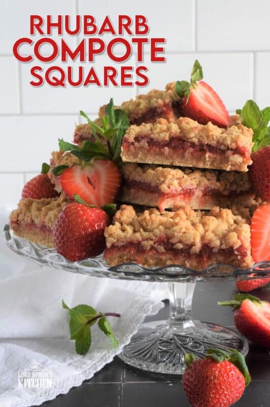 Homemade sweet and tart compote is sandwiched between two layers of a buttery and chewy crumb mixture in these Rhubarb Compote Squares. Serve these slightly warmed or at room temperature with fresh berries and a scoop of vanilla ice cream for the ultimate early summer dessert! #rhubarb #cookies #squares #crumb #compote