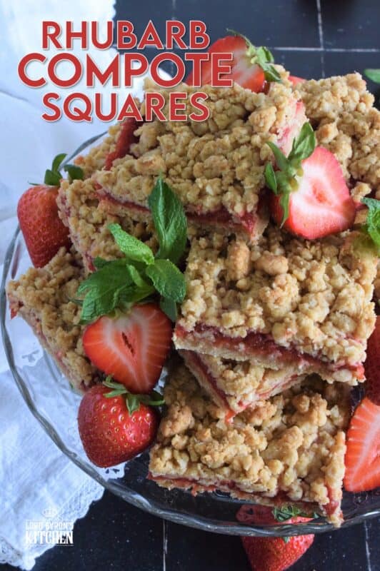 Homemade sweet and tart compote is sandwiched between two layers of a buttery and chewy crumb mixture in these Rhubarb Compote Squares. Serve these slightly warmed or at room temperature with fresh berries and a scoop of vanilla ice cream for the ultimate early summer dessert! #rhubarb #cookies #squares #crumb #compote