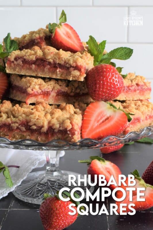 Homemade sweet and tart compote is sandwiched between two layers of a buttery and chewy crumb mixture in these Rhubarb Compote Squares. Serve these slightly warmed or at room temperature with fresh berries and a scoop of vanilla ice cream for the ultimate early summer dessert! #rhubarb #cookies #squares #crumb #compote