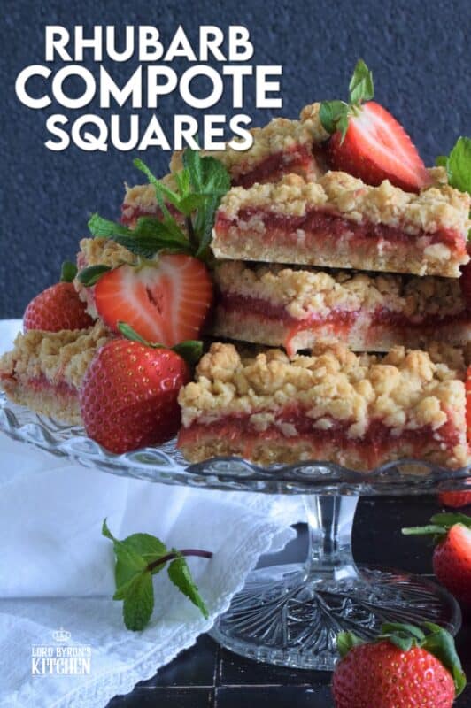 Homemade sweet and tart compote is sandwiched between two layers of a buttery and chewy crumb mixture in these Rhubarb Compote Squares. Serve these slightly warmed or at room temperature with fresh berries and a scoop of vanilla ice cream for the ultimate early summer dessert! #rhubarb #cookies #squares #crumb #compote