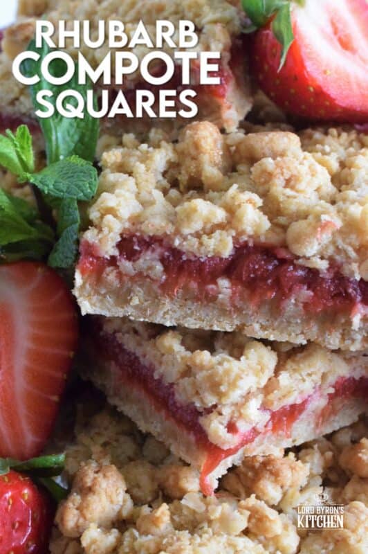 Homemade sweet and tart compote is sandwiched between two layers of a buttery and chewy crumb mixture in these Rhubarb Compote Squares. Serve these slightly warmed or at room temperature with fresh berries and a scoop of vanilla ice cream for the ultimate early summer dessert! #rhubarb #cookies #squares #crumb #compote