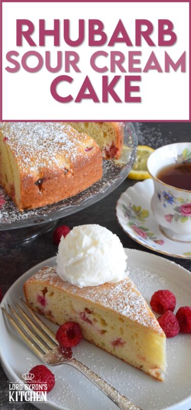 Old fashioned is new again with this Rhubarb Sour Cream Cake; made with simple pantry ingredients, and served only with a dusting of powdered sugar and a scoop of good vanilla ice cream, this cake is the epitome of all early summer desserts! #rhubarb #cake #desserts