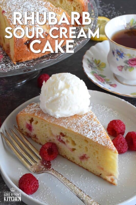 Old fashioned is new again with this Rhubarb Sour Cream Cake; made with simple pantry ingredients, and served only with a dusting of powdered sugar and a scoop of good vanilla ice cream, this cake is the epitome of all early summer desserts! #rhubarb #cake #desserts