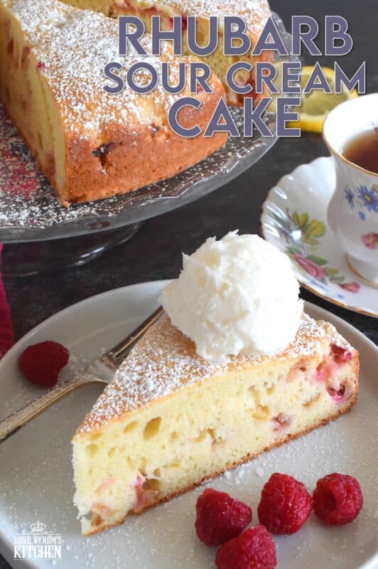Old fashioned is new again with this Rhubarb Sour Cream Cake; made with simple pantry ingredients, and served only with a dusting of powdered sugar and a scoop of good vanilla ice cream, this cake is the epitome of all early summer desserts! #rhubarb #cake #desserts