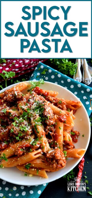 Prepare your next pasta dish with pork, like this Spicy Sausage Pasta dish, and reinvent pasta night! A spicy tomato sauce, with peppers and onions, and lots of dried chillies, is simple and rustic, but so delicious! This hearty meal is make-ahead and freezer friendly too! #penne #pasta #italian #sausage #spicy
