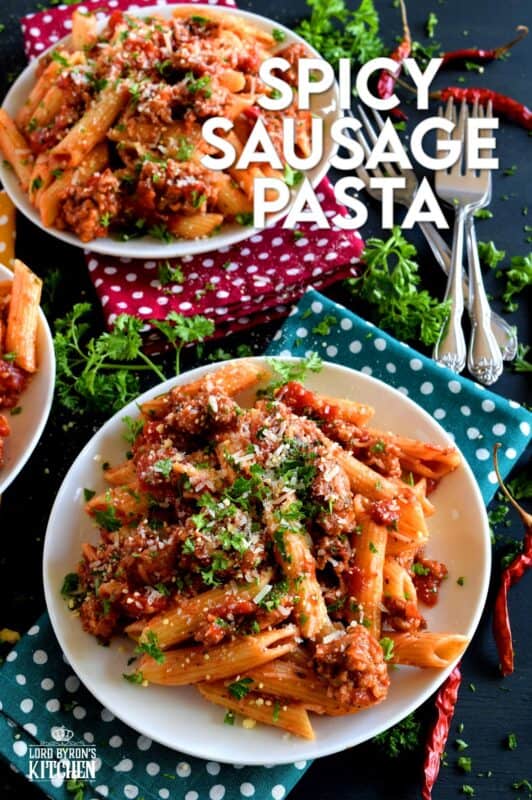 Prepare your next pasta dish with pork, like this Spicy Sausage Pasta dish, and reinvent pasta night! A spicy tomato sauce, with peppers and onions, and lots of dried chillies, is simple and rustic, but so delicious! This hearty meal is make-ahead and freezer friendly too! #penne #pasta #italian #sausage #spicy