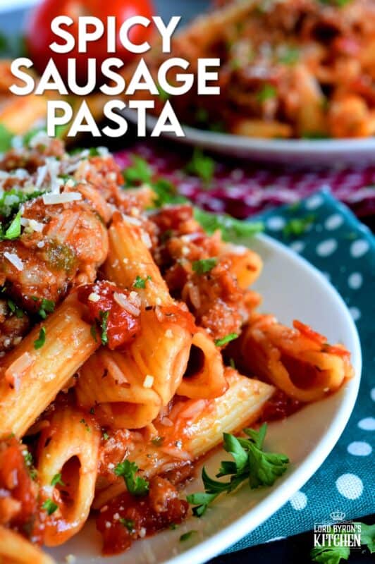 Prepare your next pasta dish with pork, like this Spicy Sausage Pasta dish, and reinvent pasta night! A spicy tomato sauce, with peppers and onions, and lots of dried chillies, is simple and rustic, but so delicious! This hearty meal is make-ahead and freezer friendly too! #penne #pasta #italian #sausage #spicy