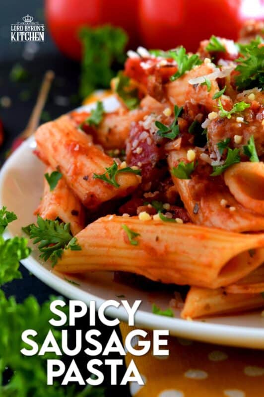 Prepare your next pasta dish with pork, like this Spicy Sausage Pasta dish, and reinvent pasta night! A spicy tomato sauce, with peppers and onions, and lots of dried chillies, is simple and rustic, but so delicious! This hearty meal is make-ahead and freezer friendly too! #penne #pasta #italian #sausage #spicy