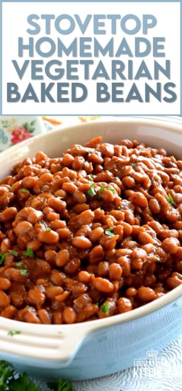 Baked Beans do not need bacon! They don't need to be baked either Stovetop Vegetarian Baked Beans are fast, cheap, and easy - and nobody will notice the missing pork product! If you're grilling tonight, serve these beans and some corn as a side! #vegetarian #bakedbeans #stovetop #summersides #cannedbeans #molasses