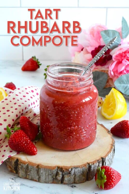 This compote recipe consists of only three ingredients and is intentionally prepared to be tart with a slight puckering flavour. Doing so allows the rhubarb compote to be paired with sweeter items like ice cream, squares and cookies. Tart Rhubarb Compote is also quite delicious paired with savoury foods like simple breakfast toast or roasted chicken! #rhubarb #compote #rhubarbrecipes