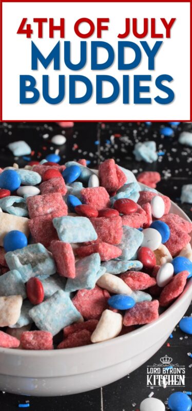 Assemble these 4th of July Muddy Buddies and serve them to your guests this Independence Day long weekend! Loaded with sugary treats, this snack mix will disappear quite quickly! Friends can help themselves to a tasty treat at your party, or scoop some into cellophane bags and tie them up with a festive ribbon as a take-home treat! #muddybuddies #4thofjuly #redwhiteandblue