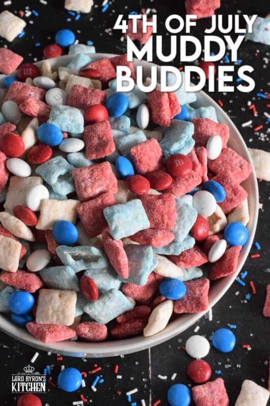 Assemble these 4th of July Muddy Buddies and serve them to your guests this Independence Day long weekend! Loaded with sugary treats, this snack mix will disappear quite quickly! Friends can help themselves to a tasty treat at your party, or scoop some into cellophane bags and tie them up with a festive ribbon as a take-home treat! #muddybuddies #4thofjuly #redwhiteandblue