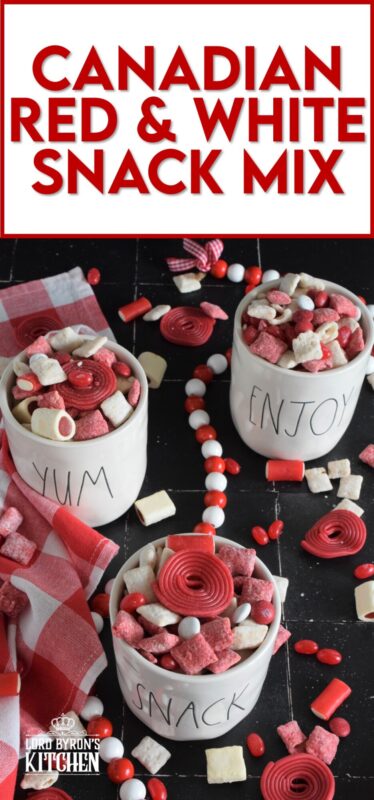 Assemble this Canadian Red and White Snack Mix and serve it to your guests this Canada Day long weekend! Loaded with sugary treats, this snack mix will disappear quite quickly! Friends can help themselves to a tasty treat at your party, or scoop some into cellophane bags and tie them up with a festive ribbon as a take-home treat! #snackmix #canadaday #redandwhite