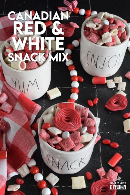Assemble this Canadian Red and White Snack Mix and serve it to your guests this Canada Day long weekend! Loaded with sugary treats, this snack mix will disappear quite quickly! Friends can help themselves to a tasty treat at your party, or scoop some into cellophane bags and tie them up with a festive ribbon as a take-home treat! #snackmix #canadaday #redandwhite