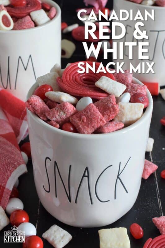 Assemble this Canadian Red and White Snack Mix and serve it to your guests this Canada Day long weekend! Loaded with sugary treats, this snack mix will disappear quite quickly! Friends can help themselves to a tasty treat at your party, or scoop some into cellophane bags and tie them up with a festive ribbon as a take-home treat! #snackmix #canadaday #redandwhite