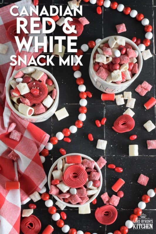 Assemble this Canadian Red and White Snack Mix and serve it to your guests this Canada Day long weekend! Loaded with sugary treats, this snack mix will disappear quite quickly! Friends can help themselves to a tasty treat at your party, or scoop some into cellophane bags and tie them up with a festive ribbon as a take-home treat! #snackmix #canadaday #redandwhite