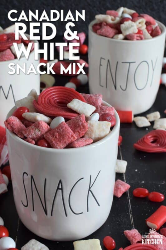 Assemble this Canadian Red and White Snack Mix and serve it to your guests this Canada Day long weekend! Loaded with sugary treats, this snack mix will disappear quite quickly! Friends can help themselves to a tasty treat at your party, or scoop some into cellophane bags and tie them up with a festive ribbon as a take-home treat! #snackmix #canadaday #redandwhite