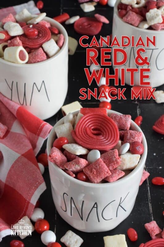 Assemble this Canadian Red and White Snack Mix and serve it to your guests this Canada Day long weekend! Loaded with sugary treats, this snack mix will disappear quite quickly! Friends can help themselves to a tasty treat at your party, or scoop some into cellophane bags and tie them up with a festive ribbon as a take-home treat! #snackmix #canadaday #redandwhite