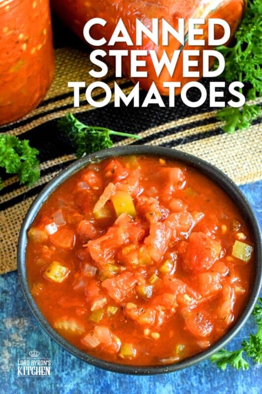 A great base to any pasta sauce, soup or stew; Canned Stewed Tomatoes is an inventive way to jazz up baked chicken or broiled seafood. Each jar is packed with tomatoes, onions, celery, and green bell pepper, making meal prep fast and easy! #canned #preserved #tomatoes #stewed
