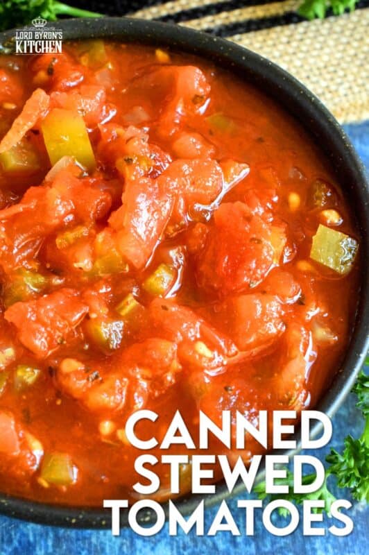A great base to any pasta sauce, soup or stew; Canned Stewed Tomatoes is an inventive way to jazz up baked chicken or broiled seafood. Each jar is packed with tomatoes, onions, celery, and green bell pepper, making meal prep fast and easy! #canned #preserved #tomatoes #stewed