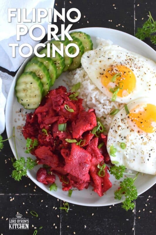 One of the easiest and most delicious pork recipes is this Filipino-Style Pork Tocino. Thinly sliced pork is marinated in sugar and seasonings and then pan-fried until tender and fully caramelized. Traditionally served with rice and fried eggs, this recipe is definitely a keeper! #filipino #pork #tocino