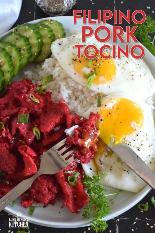 One of the easiest and most delicious pork recipes is this Filipino-Style Pork Tocino. Thinly sliced pork is marinated in sugar and seasonings and then pan-fried until tender and fully caramelized. Traditionally served with rice and fried eggs, this recipe is definitely a keeper! #filipino #pork #tocino