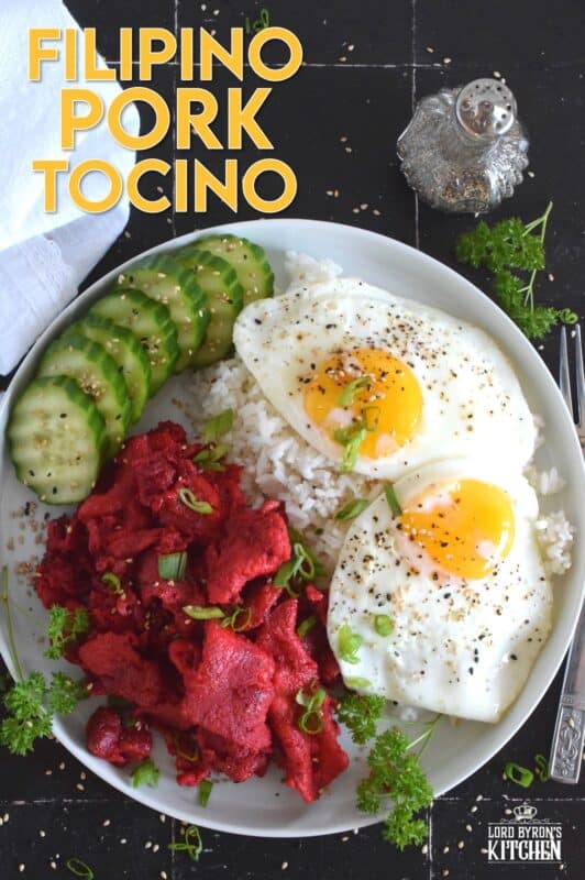 One of the easiest and most delicious pork recipes is this Filipino-Style Pork Tocino. Thinly sliced pork is marinated in sugar and seasonings and then pan-fried until tender and fully caramelized. Traditionally served with rice and fried eggs, this recipe is definitely a keeper! #filipino #pork #tocino