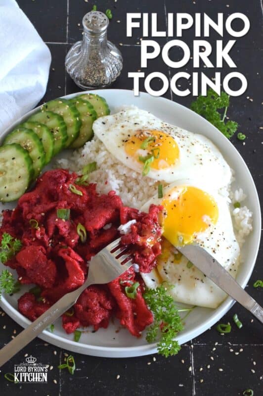 One of the easiest and most delicious pork recipes is this Filipino-Style Pork Tocino. Thinly sliced pork is marinated in sugar and seasonings and then pan-fried until tender and fully caramelized. Traditionally served with rice and fried eggs, this recipe is definitely a keeper! #filipino #pork #tocino