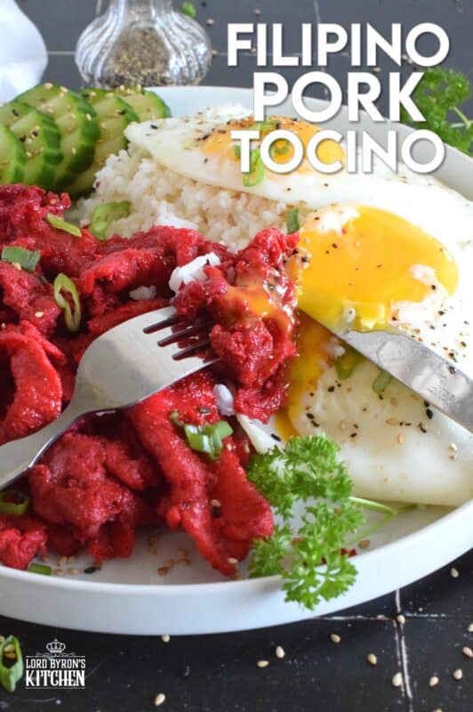 One of the easiest and most delicious pork recipes is this Filipino-Style Pork Tocino. Thinly sliced pork is marinated in sugar and seasonings and then pan-fried until tender and fully caramelized. Traditionally served with rice and fried eggs, this recipe is definitely a keeper! #filipino #pork #tocino